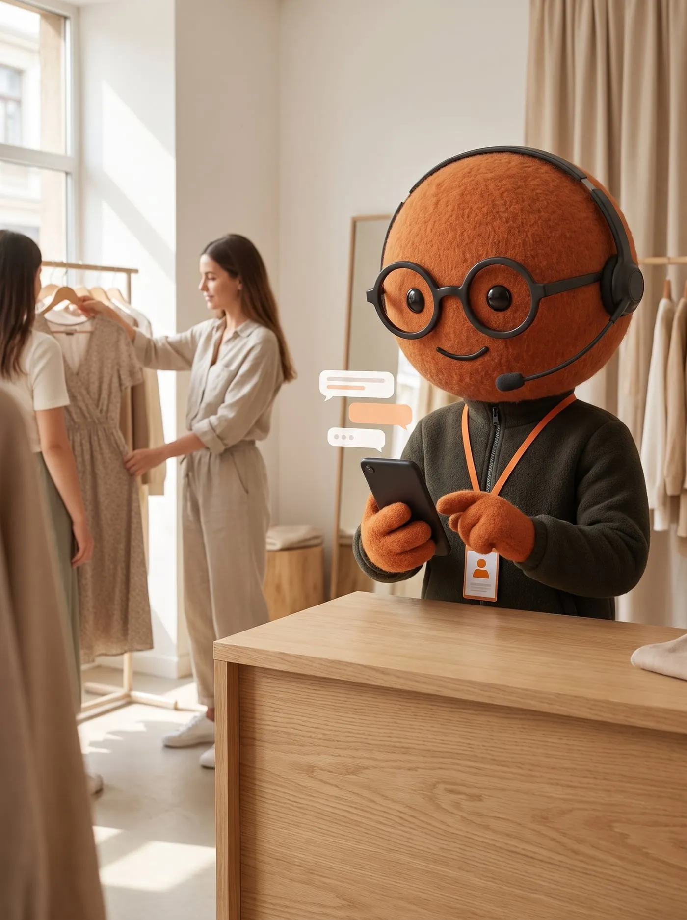 O Aro, atendente da Cerchia, um boneco de feltro laranja de óculos redondos e headset, responde mensagens no celular atrás do balcão de uma loja de roupa, enquanto a dona atende uma cliente ao fundo.